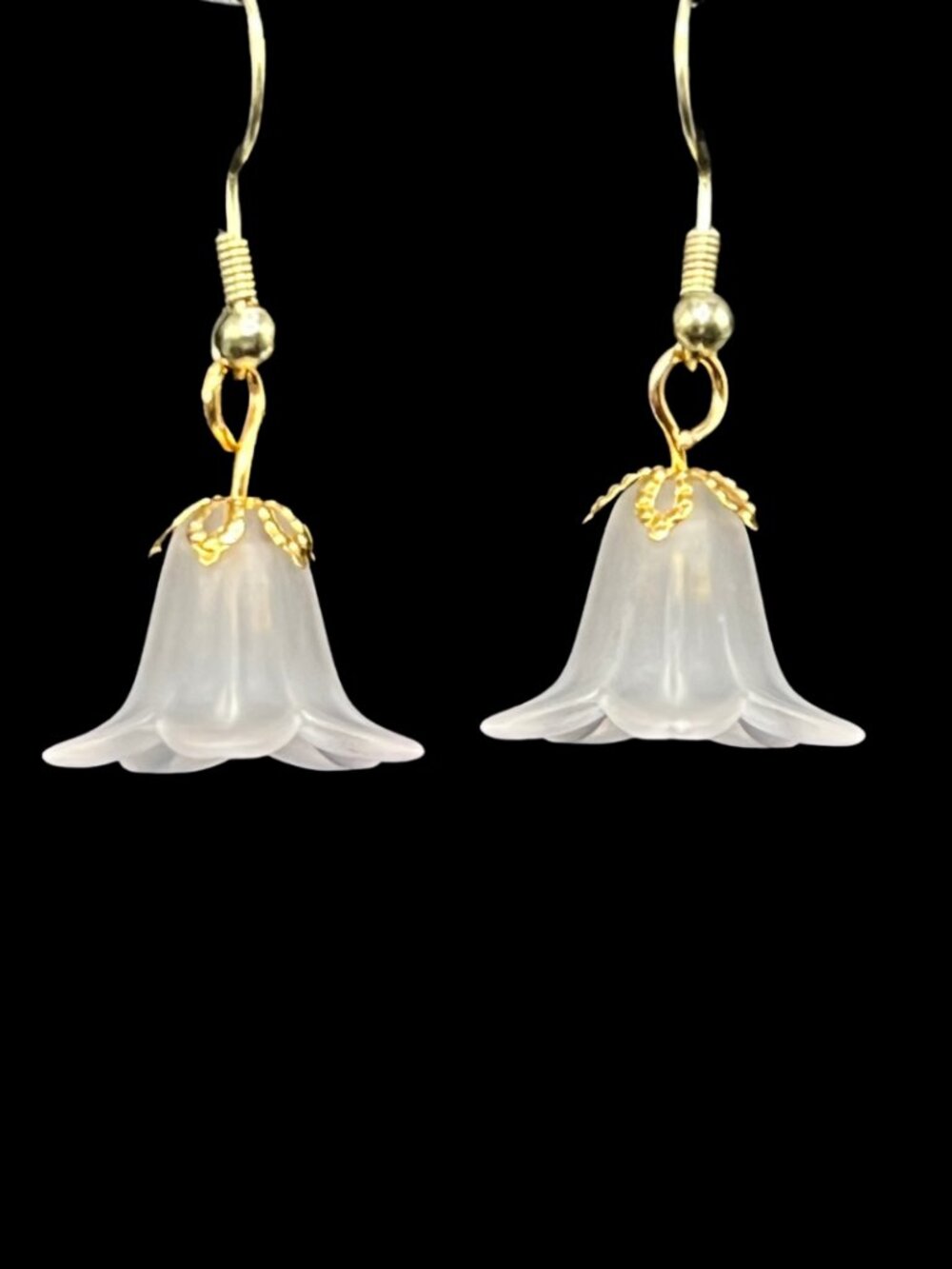 Midcentury Frosted Acrylic Trumpet Flower Blossom Drop Earrings Gold